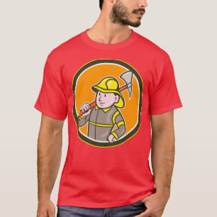 Fireman Firefighter Axe Circle Cartoon T-Shirt