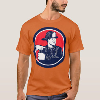 Fireman Firefighter Holding Fire Axe Woodcut Class T-Shirt