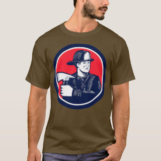 Fireman Firefighter Holding Fire Axe Woodcut T-Shirt