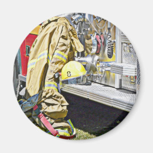 Fireman Firefighting Suit and Truck Magnet