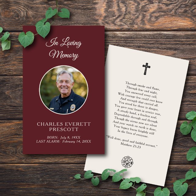 Fireman Funeral Memorial Photo Prayer Card Red (A meaningful tribute for a beloved fireman and devoted first responder.)