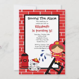 Fireman girl Firetruck Birthday Party Invitation