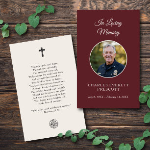 Fireman Memorial Funeral Photo Prayer Card Red