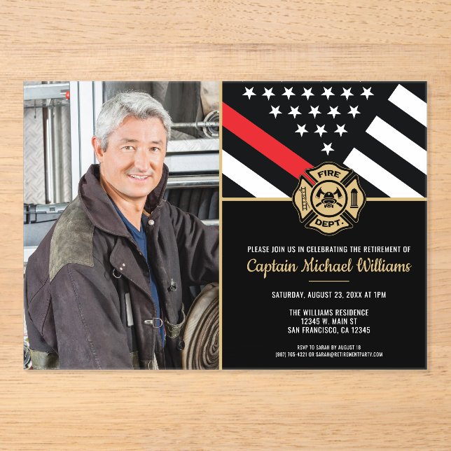 Fireman Photo Red Line Flag Firefighter Retirement Acrylic Invitations (Front)
