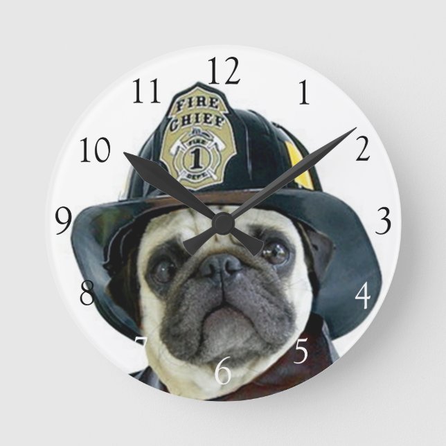 Fireman pug dog round clock (Front)