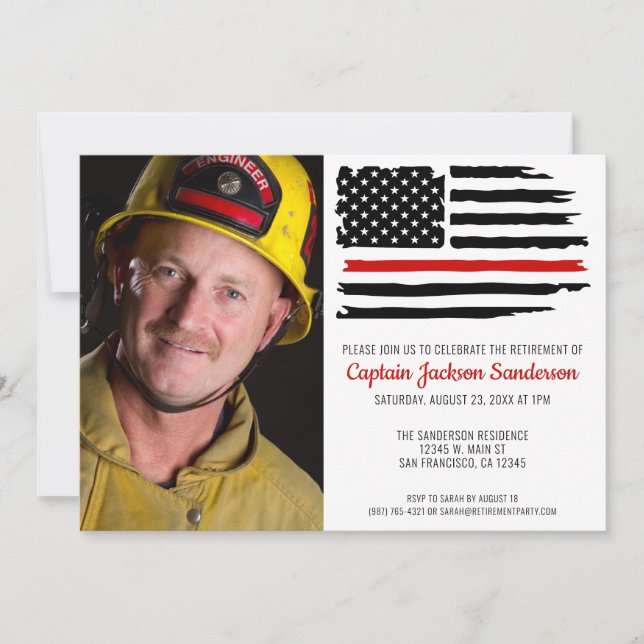 Fireman Red Line Firefighter Photo Retirement Invitation (Front)