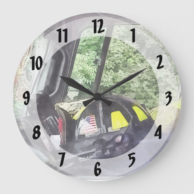 Firemen - Helmet Inside Cab of Fire Truck Large Clock (Front)