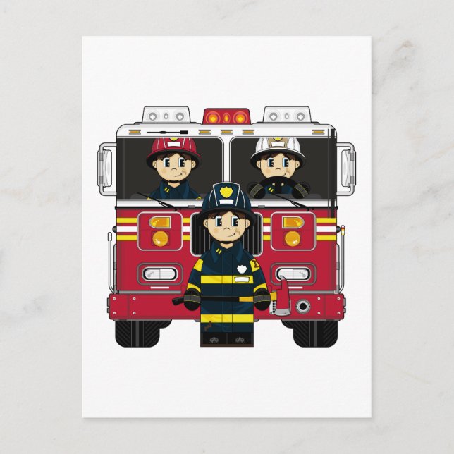 Firemen with Fire Engine Postcard (Front)