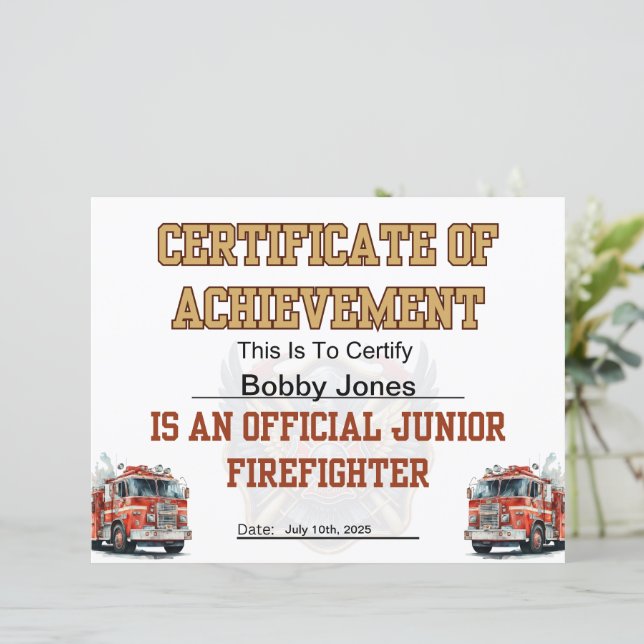 Firemen's Certificate for Junior Firefighter Party (Standing Front)