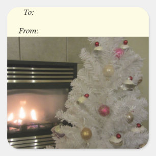 Fireplace and Christmas Tree Square Sticker