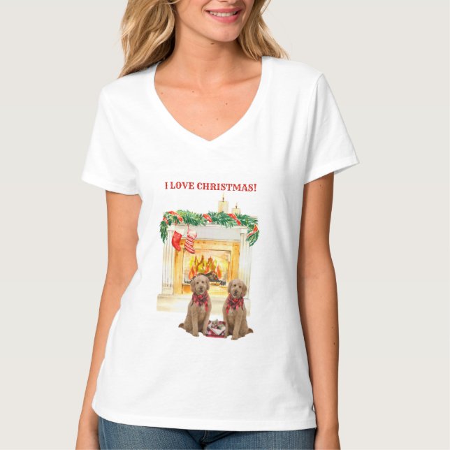 Fireplace Candles Goldendoodles Love Christmas T-S T-Shirt (Front)