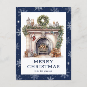 Fireplace Christmas Wreath Garland Snowflake Blue Holiday Postcard