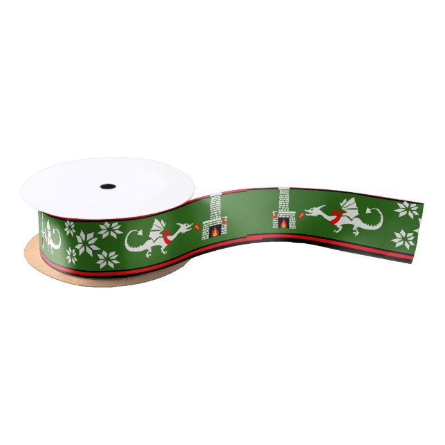 Fireplace Dragons Christmas pattern Satin Ribbon (Spool)