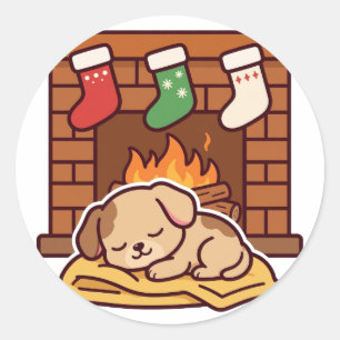 Fireplace Puppy Christmas Classic Round Sticker