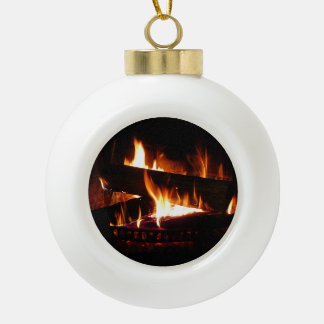 Fireplace Warm Winter Scene Photography Ceramic Ball Christmas Ornament (Front)