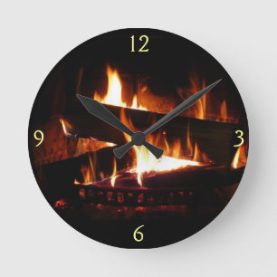 Fireplace Warm Winter Scene Photography Round Clock