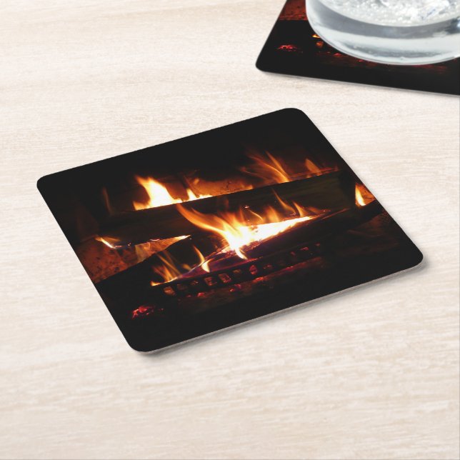 Fireplace Warm Winter Scene Photography Square Paper Coaster (Angled)