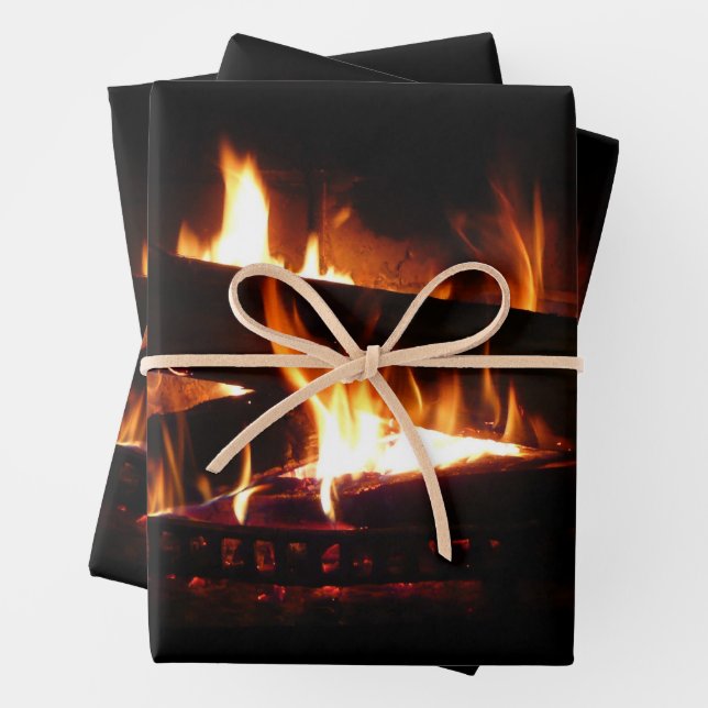 Fireplace Warm Winter Scene Photography Wrapping Paper Sheet (In situ)