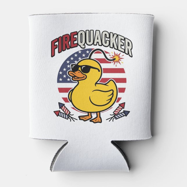Firequacker Patriotic Duck Fireworks Vector Design Can Cooler (Front)