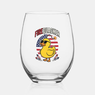 Firequacker Patriotic Duck Fireworks Vector Design Stemless Wine Glass
