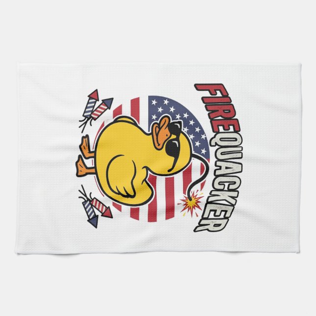 Firequacker Patriotic Duck Fireworks Vector Design Tea Towel (Horizontal)