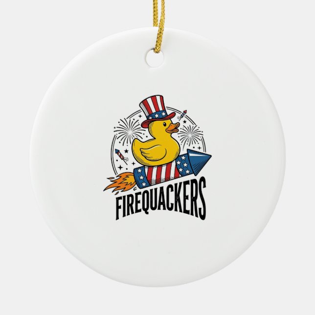 Firequackers Patriotic Duck Firework Shirt Design_ Ceramic Tree Decoration (Front)