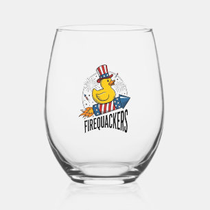 Firequackers Patriotic Duck Firework Shirt Design_ Stemless Wine Glass