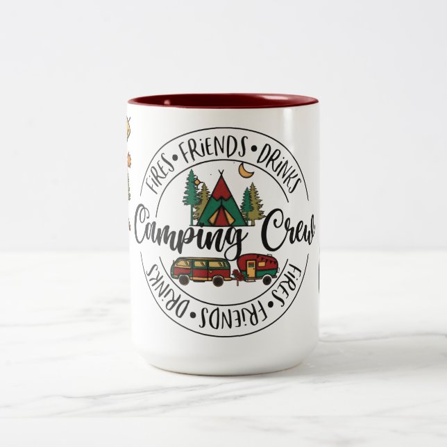 Fires, Friends, Drinks Camping Crew Two-Tone Coffee Mug (Center)