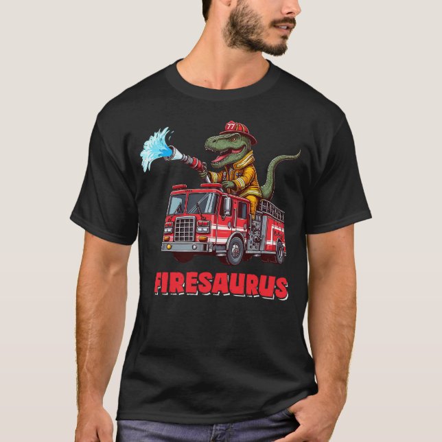 Firesaurus Firefighter Fire Truck T-Rex Dinosaur L T-Shirt (Front)