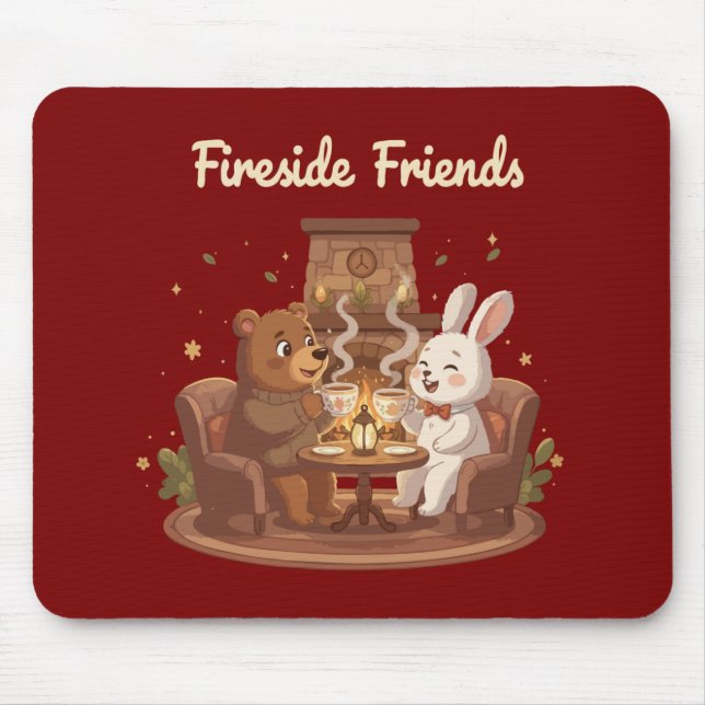 Fireside Friends Cute Bear and Rabbit Cosy  Mouse Pad (Front)