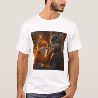Fireside Tenderness: A Fox and Wolf Embrace T-Shirt
