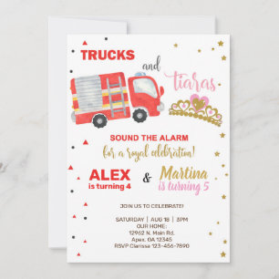 Firetruck and tiaras siblings birthday invite. invitation