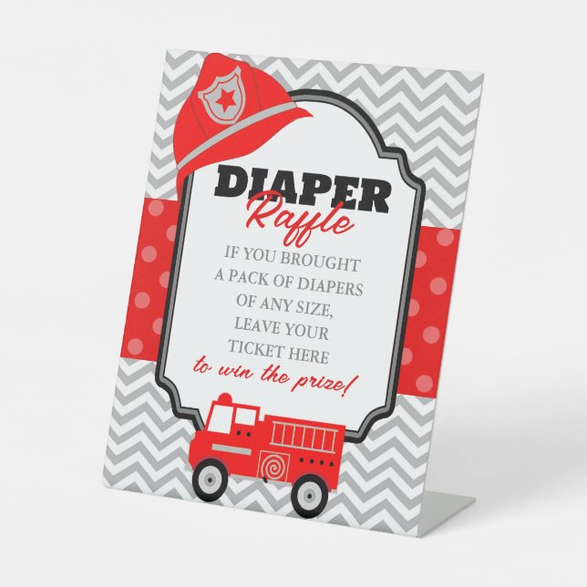 Firetruck Baby Shower Diaper Raffle Display Pedestal Sign (Front)