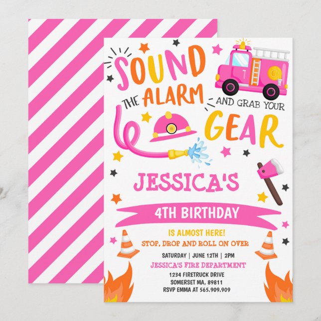 Firetruck Birthday Party Pink Firefighter Invitation (Front/Back)