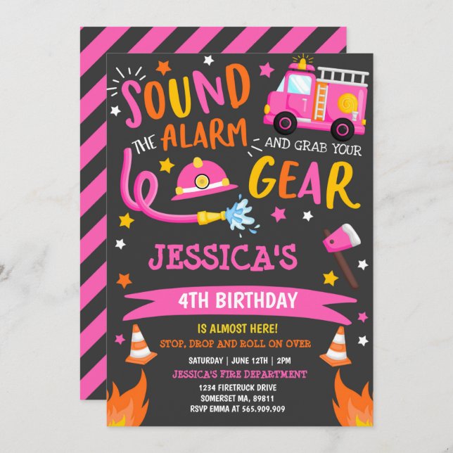 Firetruck Birthday Party Pink Firefighter Invitation (Front/Back)