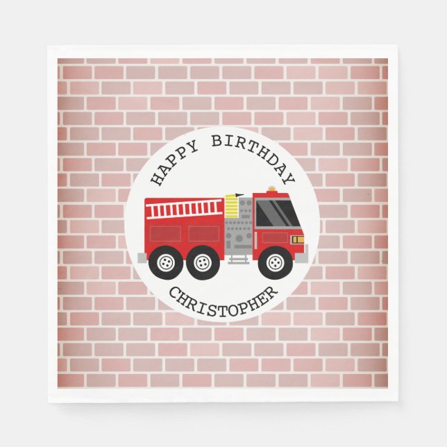 Firetruck + Bricks Firefighter Birthday Party Napkin (Front)