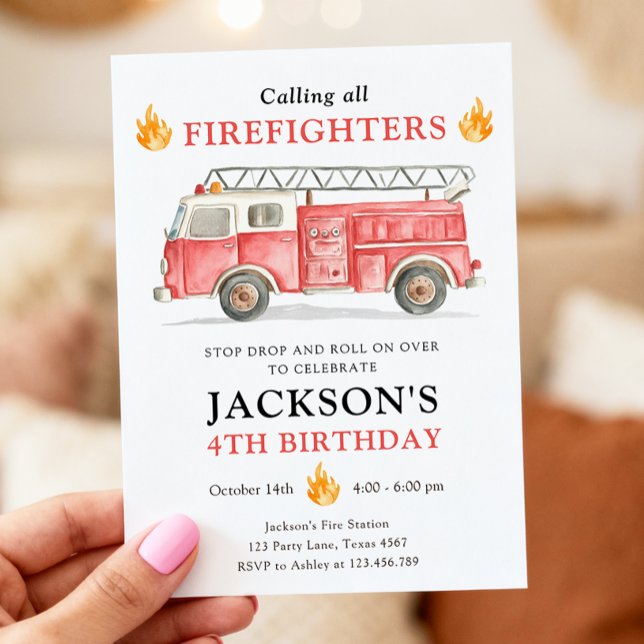 Firetruck Calling All Firefigthers Boy Birthday Invitation (Creator Uploaded)