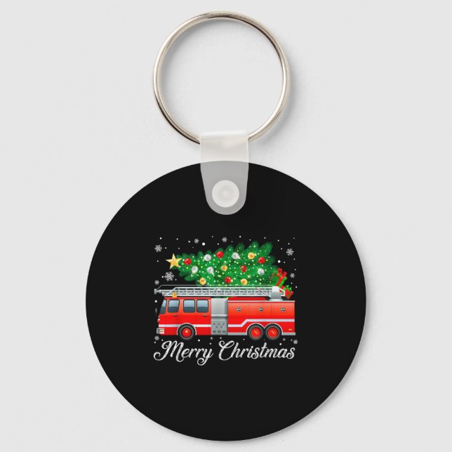 Firetruck Christmas Tree Funny Xmas Pajamas Firefi Key Ring (Front)