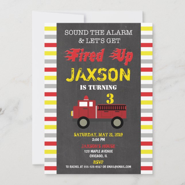 Firetruck fire engine birthday party boy invitation (Front)