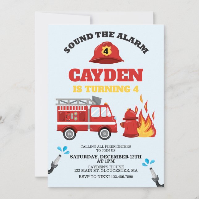 Firetruck Firefighter Birthday Party Invitation (Front)
