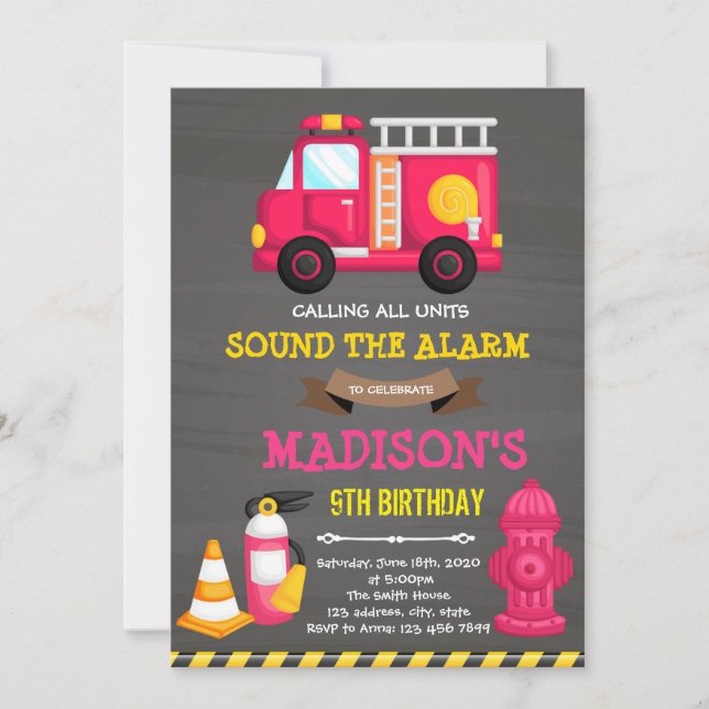 Firetruck firefighter girl birthday invitation (Front)