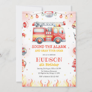 Firetruck Firefighter Kids Birthday Invitation