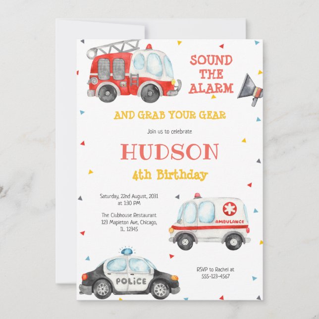 Firetruck Firefighter Kids Birthday Invitation (Front)