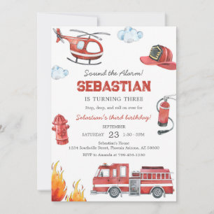 Firetruck Firefighter Kids Birthday Invitation