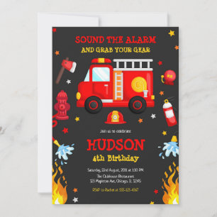 Firetruck Firefighter Kids Birthday Invitation