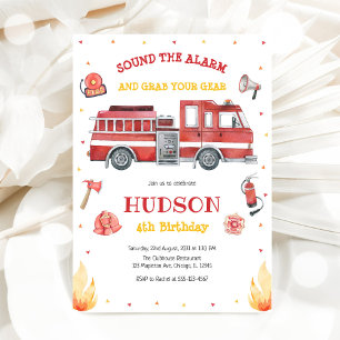 Firetruck Firefighter Kids Birthday Invitation