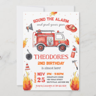 Firetruck Firefighter Kids Birthday Invitation