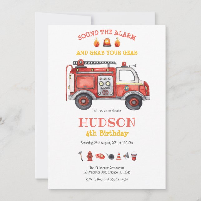 Firetruck Firefighter Kids Birthday Invitation (Front)