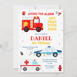 Firetruck Firefighter Kids Birthday Invitation