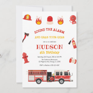 Firetruck Firefighter Kids Birthday Invitation